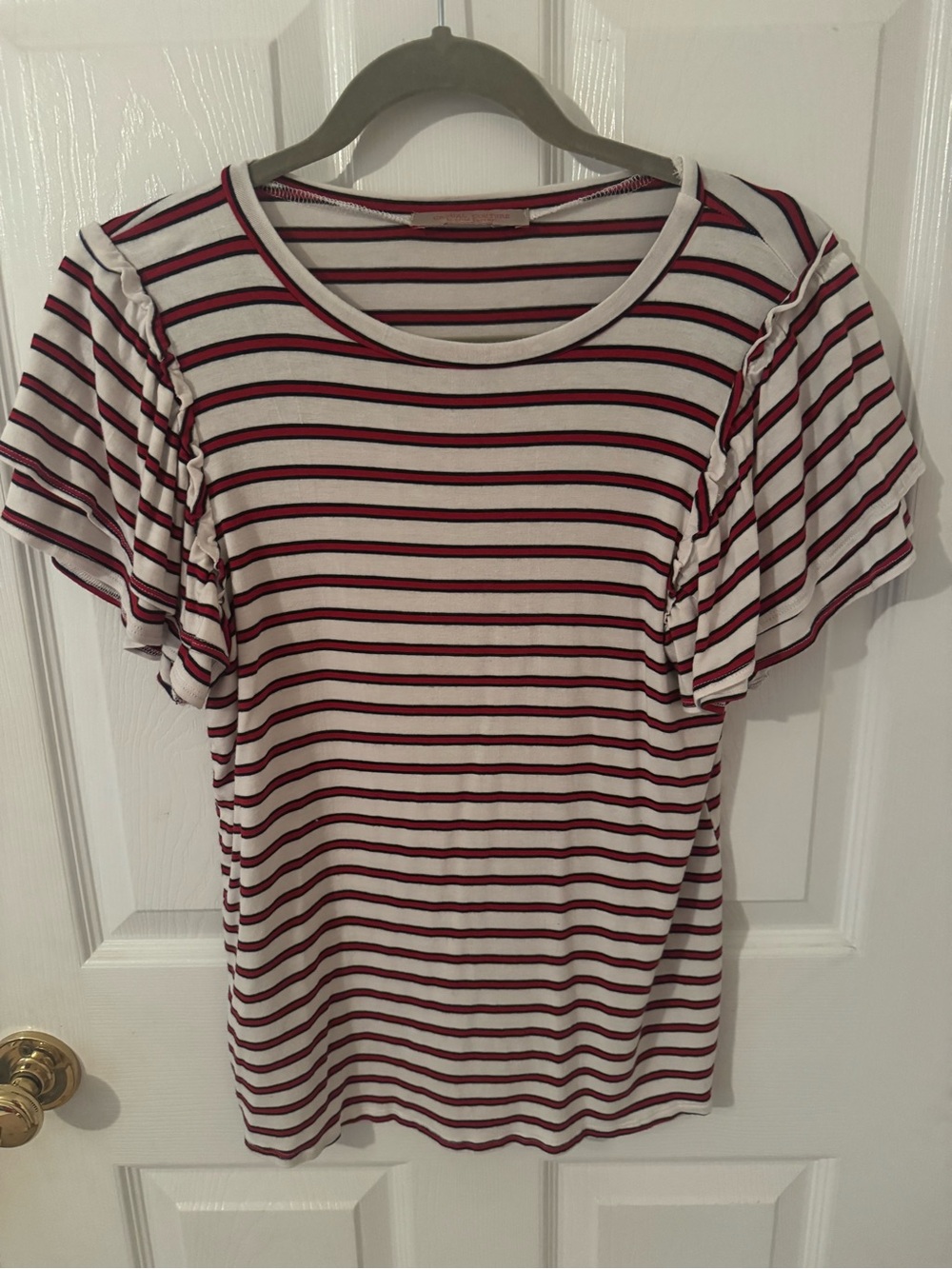 Striped Ruffle Sleeve Tee - White & Red